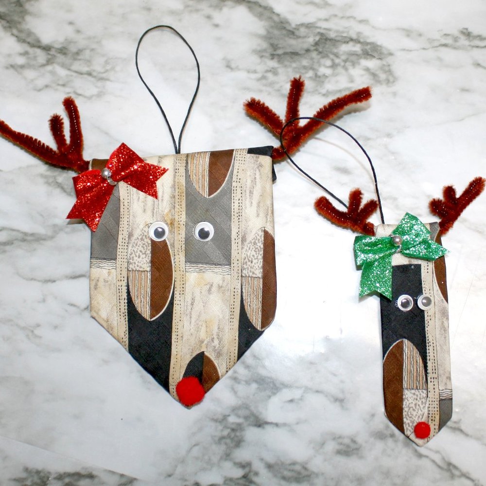 UPCYCLED Necktie Ornament Christmas Reindeer Handmade Tan Abstract Neck Tie Set